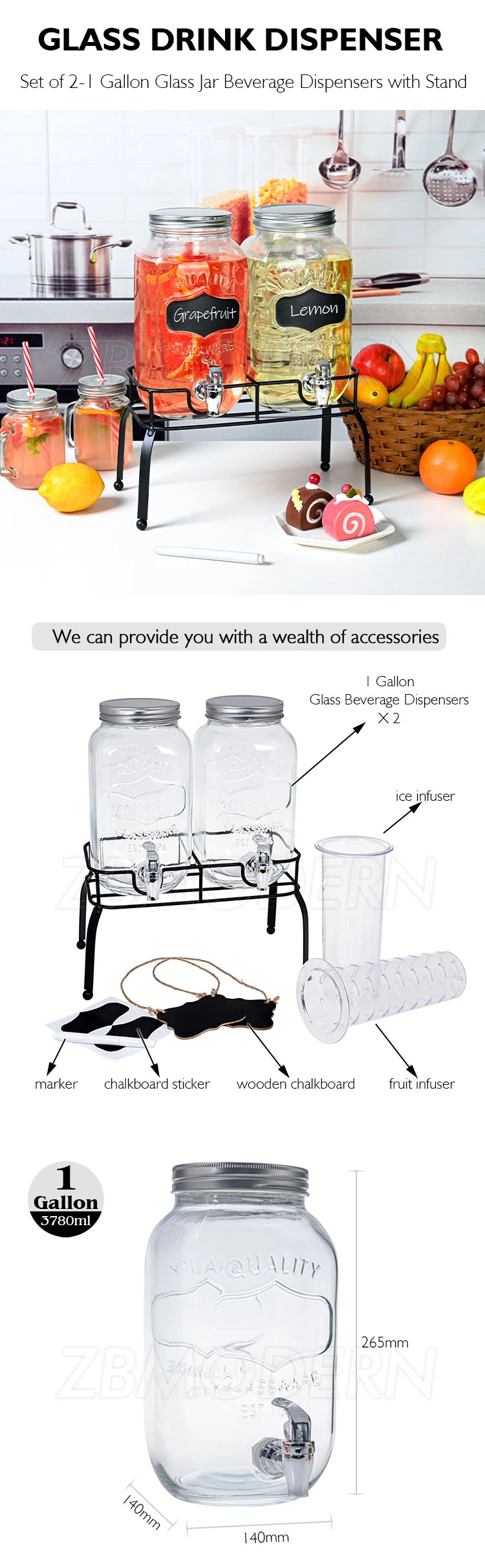 Double 1 Gallon Cold Water Drink Glass Juice Dispenser Drinking Jug with Wooden Chalkboard Tap Drink Ware Jar Beverage Jars