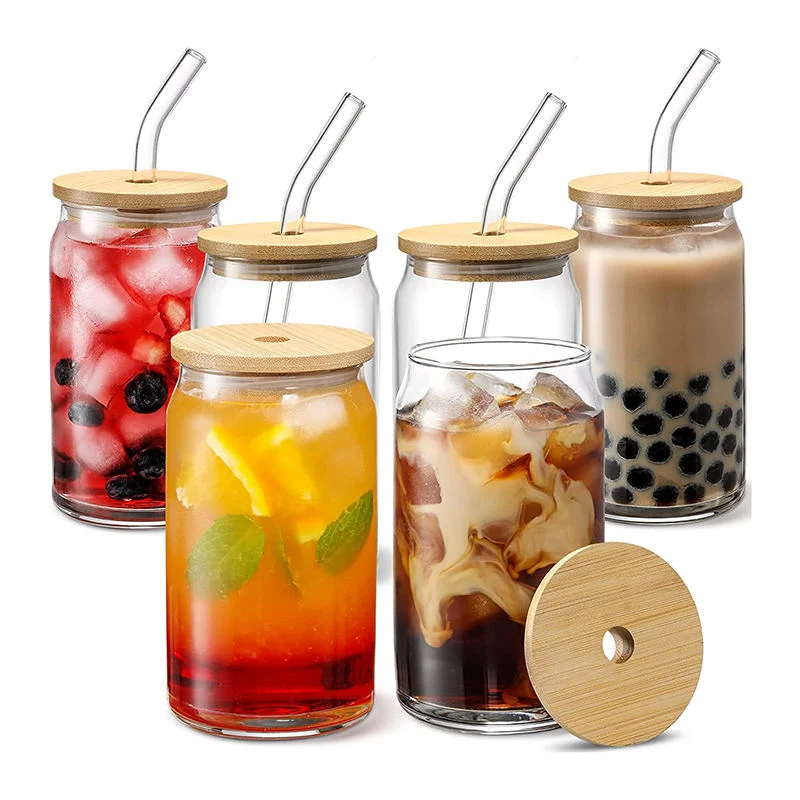 Customized Reusable Clear Glass Beer Can Shaped Tumbler Sublimation with Bamboo Lid Straw Custom Tea Cup Clear Glass Milk Coffee Cups for Cool Water