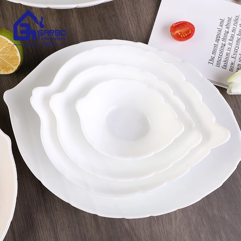 Microwave Safe Leaf Design White Opal Glass Bowls 7" Salad Bowls Plates Fruit Bowl Tableware Opal Ware Hotel Home Glassware Bowl Set