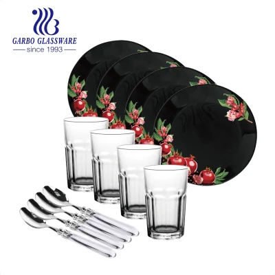 Schwarzer Opalglasteller mit Steinglas, Saftbecher, Edelstahl-PVC-Griff, Besteck, Löffel, Geschirr-Set